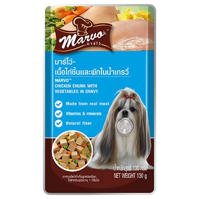Marvo - เนื้อไก่ชิ้นและผักในน้ำเกรวี่ (ซองฟ้า)