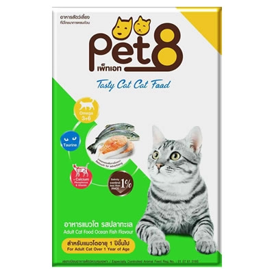Pet 8 - เทสตี้แคท อาหารแมวโต รสปลาทะเล (แถบเขียว)