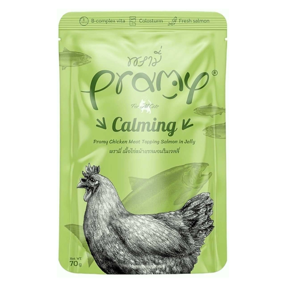 Pramy - All cats - Calming Chicken Meat topping Salmon in Jelly (เขียวเจลลี่)