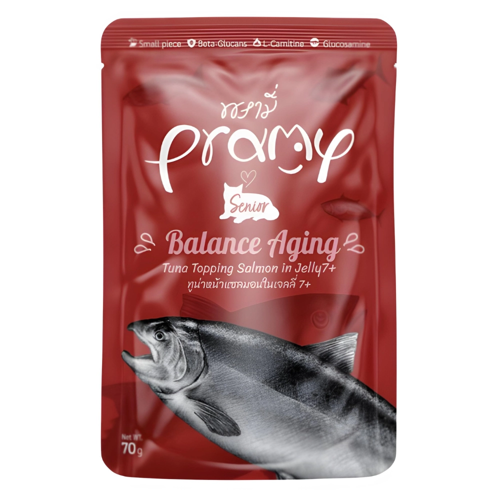 Pramy - Senior - Balance Aging Tuna topping Salmon in Jelly  7+ (แดงเจลลี่)